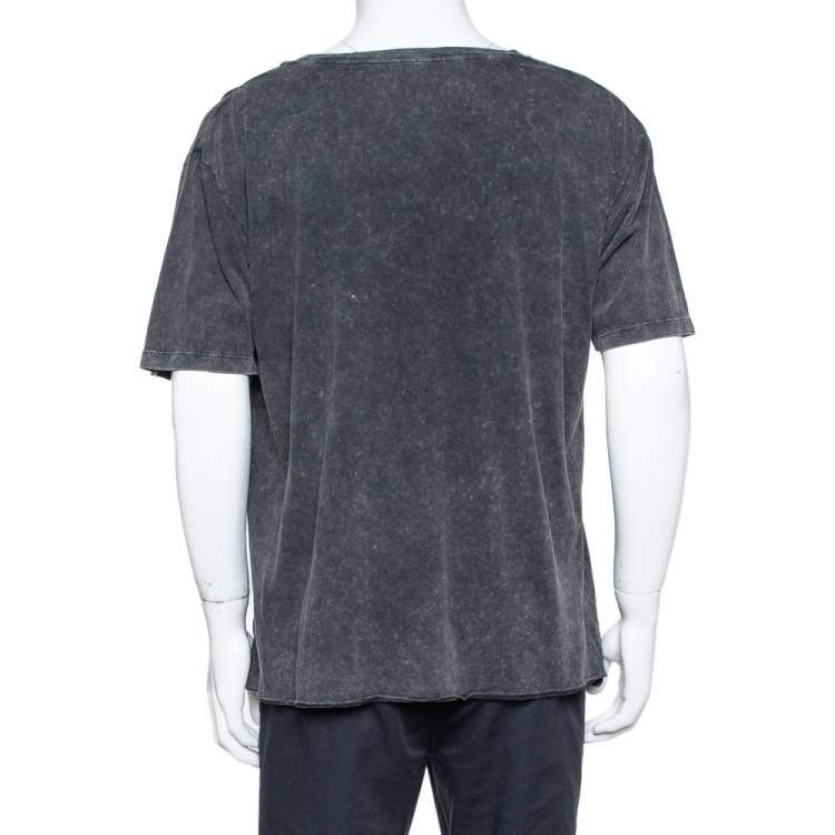 Pre Owned Saint Laurent Paris Black Y Printed Cotton Washed Out Effect T Shirt L