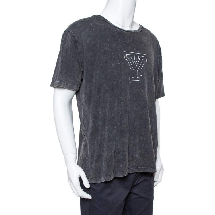 Pre Owned Saint Laurent Paris Black Y Printed Cotton Washed Out Effect T Shirt L