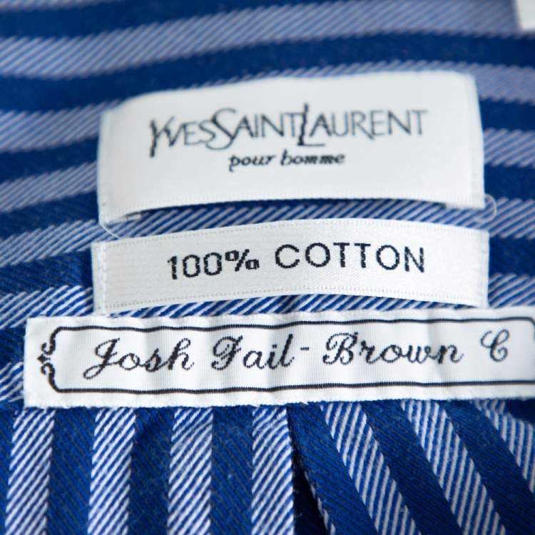 Pre Owned Yves Saint Laurent Navy Blue Striped Cotton Custom Fit Shirt M