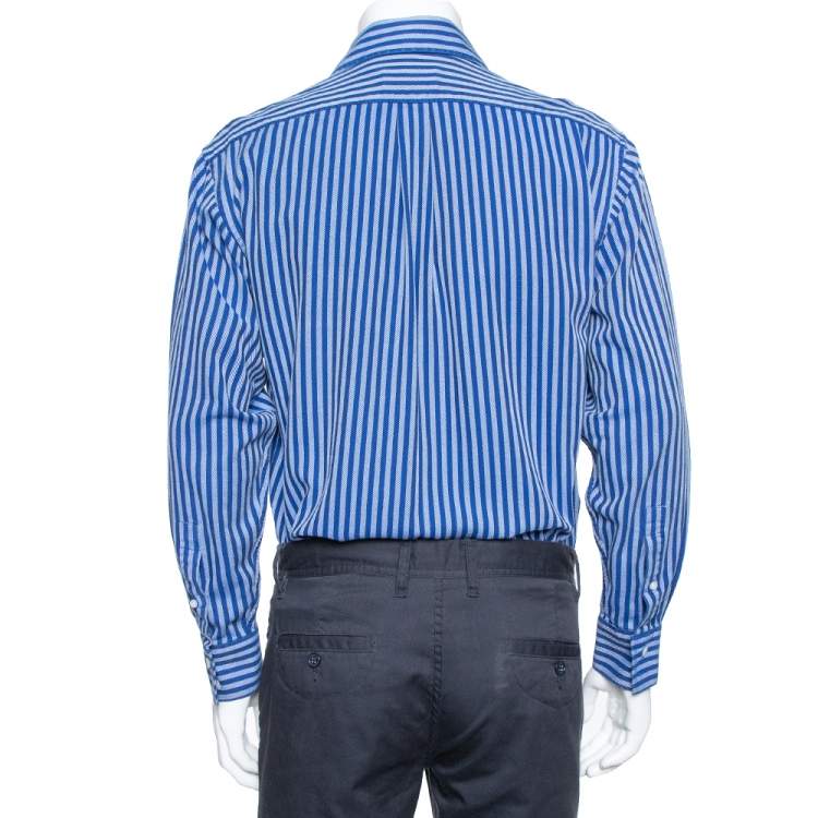 Pre Owned Yves Saint Laurent Navy Blue Striped Cotton Custom Fit Shirt M
