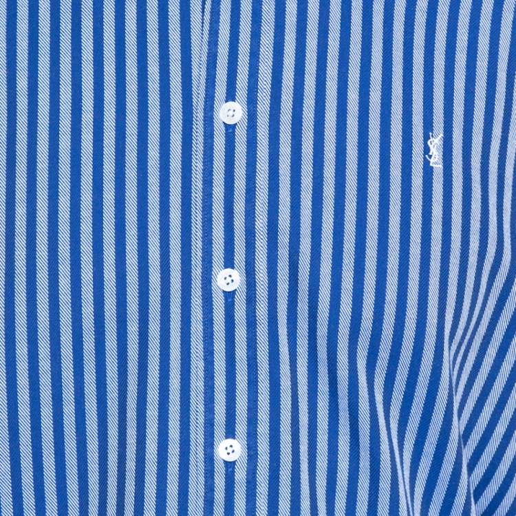Pre Owned Yves Saint Laurent Navy Blue Striped Cotton Custom Fit Shirt M