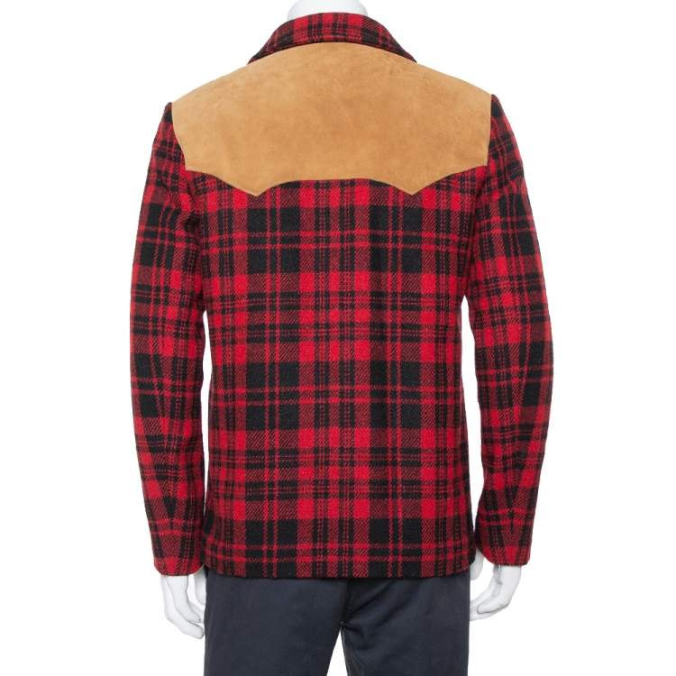 Pre Owned Saint Laurent Paris Red & Black Tartan Plaid Wool & Leather Caban Coat S