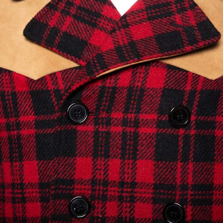 Pre Owned Saint Laurent Paris Red & Black Tartan Plaid Wool & Leather Caban Coat S