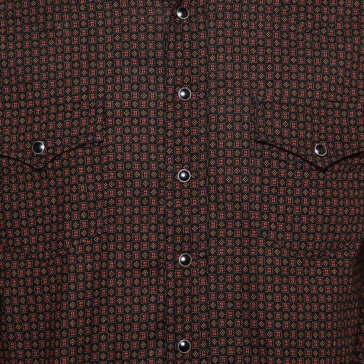 Pre Owned Saint Laurent Paris Black Micro Geometric Printed Cotton Button Front Shirt XL