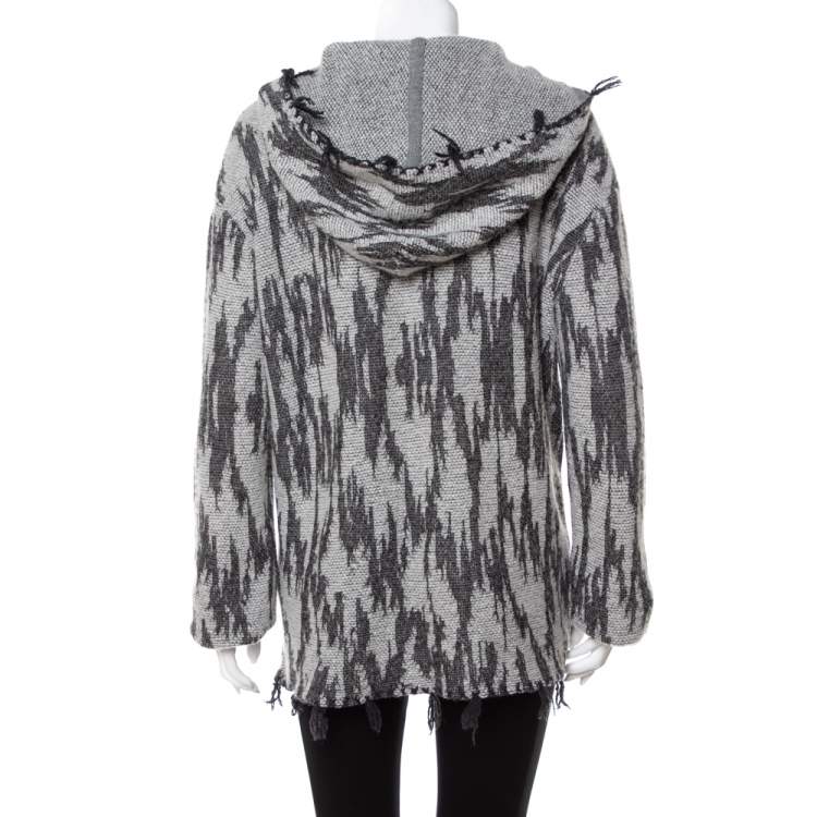Pre Owned Saint Laurent Paris Grey Ikat Motif Patterned Wool & Linen Hooded Baja Cardigan M