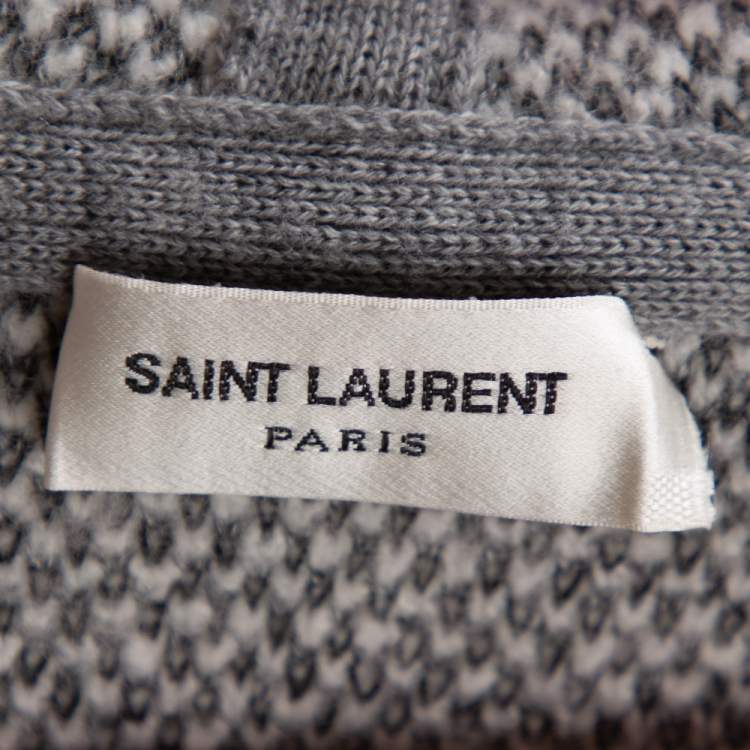 Pre Owned Saint Laurent Paris Grey Ikat Motif Patterned Wool & Linen Hooded Baja Cardigan M