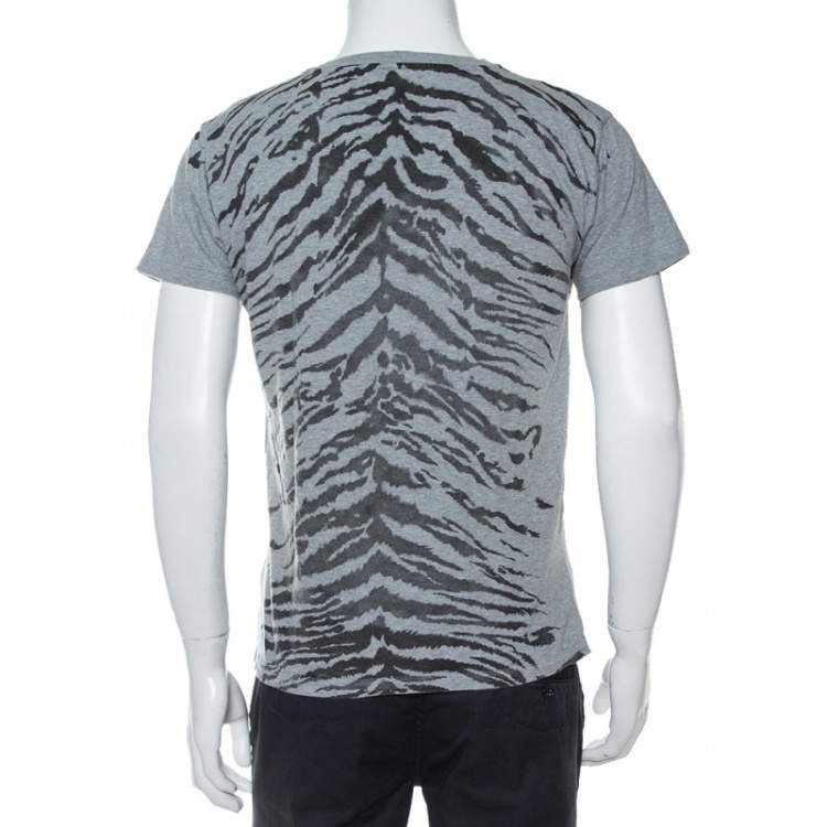 Pre Owned Saint Laurent Paris Grey Tiger Printed Cotton Crewneck T-Shirt M