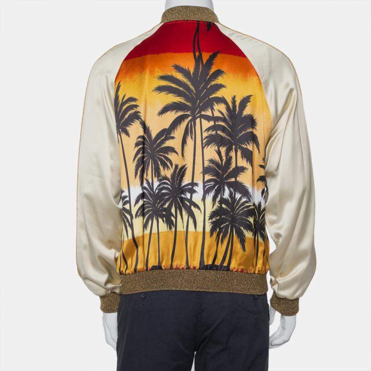 مملوكة مسبق�ًا Saint Laurent Paris Cream Palm Tree Printed Satin Lurex Knit Trim Detail Zipper Front Jacket XL