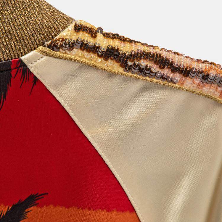مملوكة مسبقًا Saint Laurent Paris Cream Palm Tree Printed Satin Lurex Knit Trim Detail Zipper Front Jacket XL