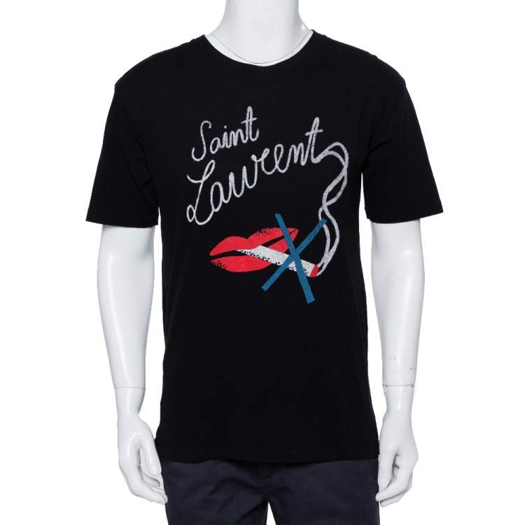 Pre Owned Saint Laurent Paris Black No Smoking Printed Cotton Crewneck T-Shirt XS