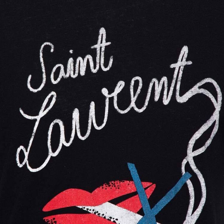 Pre Owned Saint Laurent Paris Black No Smoking Printed Cotton Crewneck T-Shirt XS