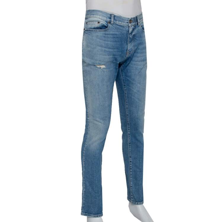 Saint Laurent Paris Blue Faded Denim Distressed Jeans L Saint