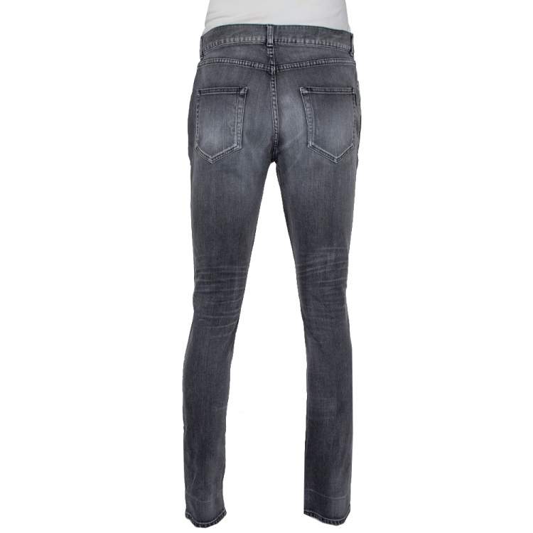 Pre Owned Saint Laurent Paris Grey Faded Denim Distressed Straight Leg Jeans L