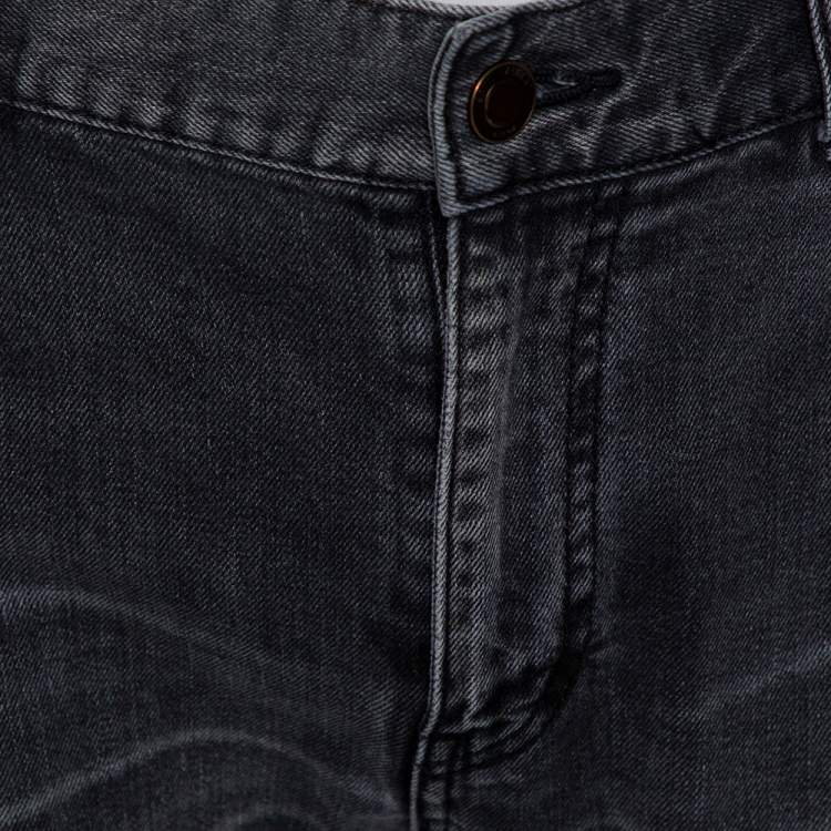 Pre Owned Saint Laurent Paris Grey Faded Denim Distressed Straight Leg Jeans L