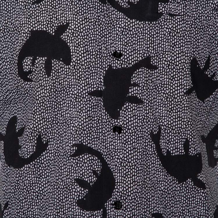 Pre Owned Saint Laurent Paris Black Dolphin Printed Cotton Bowling Shirt L