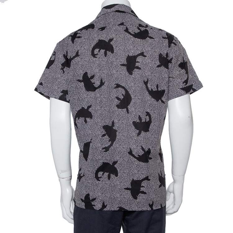 Pre Owned Saint Laurent Paris Black Dolphin Printed Cotton Bowling Shirt L