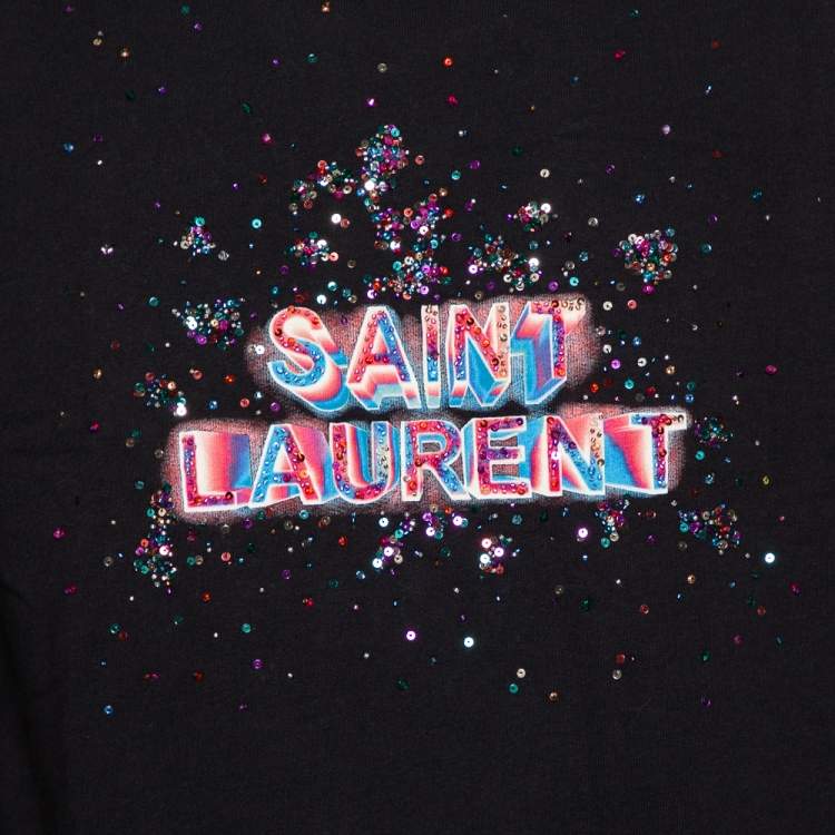Pre Owned Saint Laurent Paris Black Cotton Embellished Logo Detail Crewneck Sweatshirt M