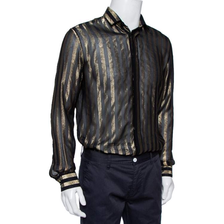Pre Owned Saint Laurent Paris Black Lurex Striped Silk Button Front Sheer Shirt S