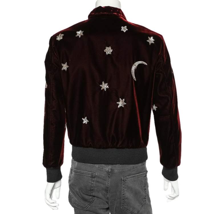 Pre Owned Saint Laurent Paris Burgundy Velvet Moon & Stars Embellished Teddy Jacket M