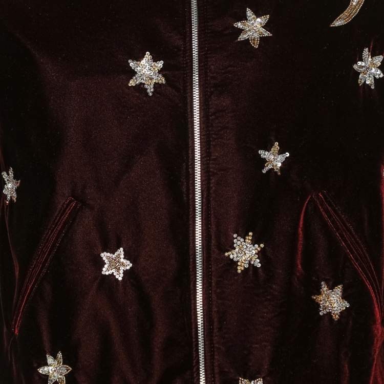 Pre Owned Saint Laurent Paris Burgundy Velvet Moon & Stars Embellished Teddy Jacket M