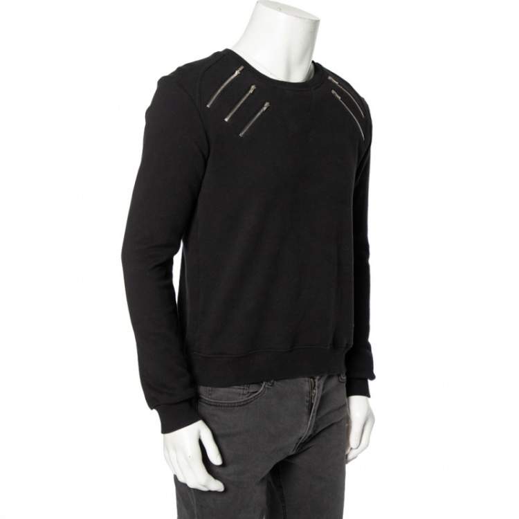 Pre Owned Saint Laurent Black Knit Zip Detail Crewneck Sweater M