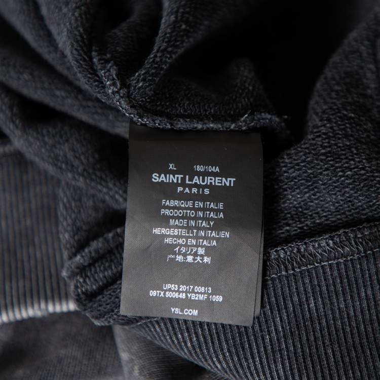 Pre Owned Saint Laurent Grey Logo Printed Cotton Distressed Hoodie XL