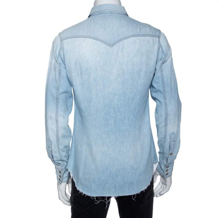 Pre Owned Saint Laurent Light Blue Denim Frayed Hem Shirt M