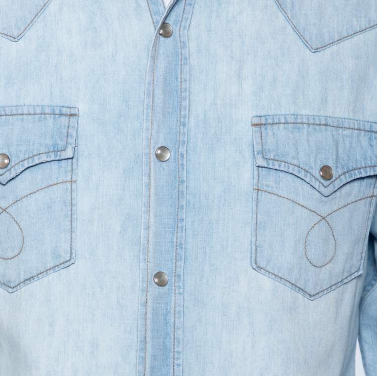 Pre Owned Saint Laurent Light Blue Denim Frayed Hem Shirt M