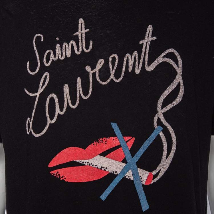 Pre Owned Saint Laurent Black Quit Smoking Printed Cotton Roundneck T-Shirt S