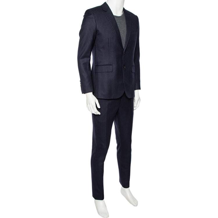 Pre Owned Saint Laurent Navy Blue Striped Wool Single Breasted Suit M