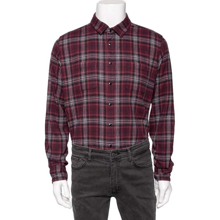 Pre Owned Saint Laurent Burgundy Checked Cotton Button Front Shirt M
