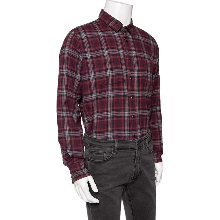 Saint Laurent Burgundy Checked Cotton Button Front Shirt M Saint