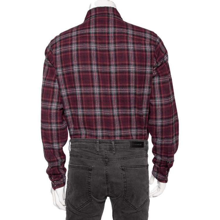 Pre Owned Saint Laurent Burgundy Checked Cotton Button Front Shirt M