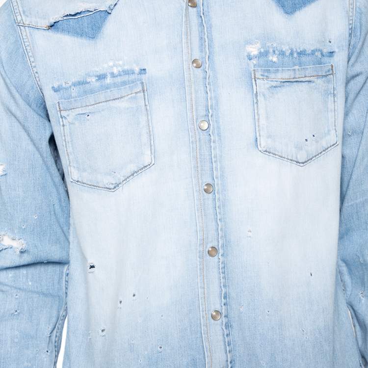 Pre Owned Saint Laurent Blue Distressed Denim Pocketed Button Front Shirt M