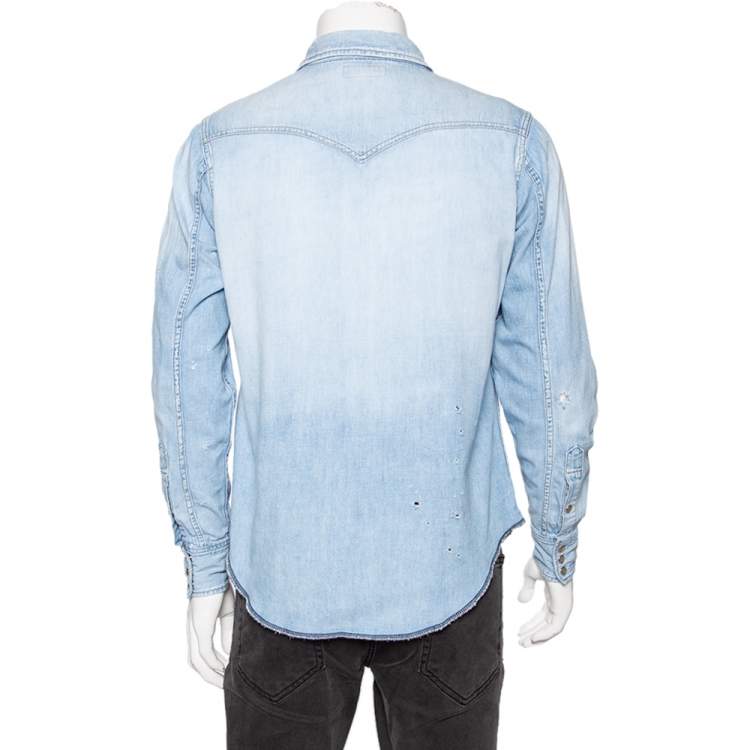 Pre Owned Saint Laurent Blue Distressed Denim Pocketed Button Front Shirt M