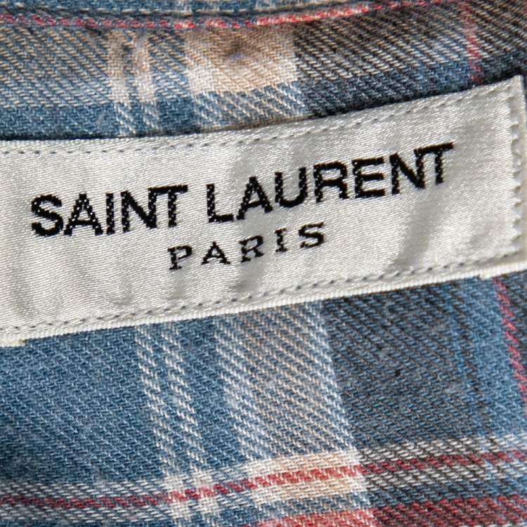 Pre Owned Saint Laurent Blue Checkered Cotton Button Front Shirt M