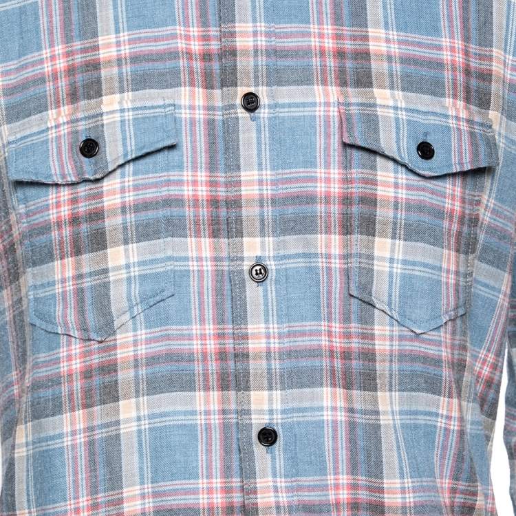 Pre Owned Saint Laurent Blue Checkered Cotton Button Front Shirt M