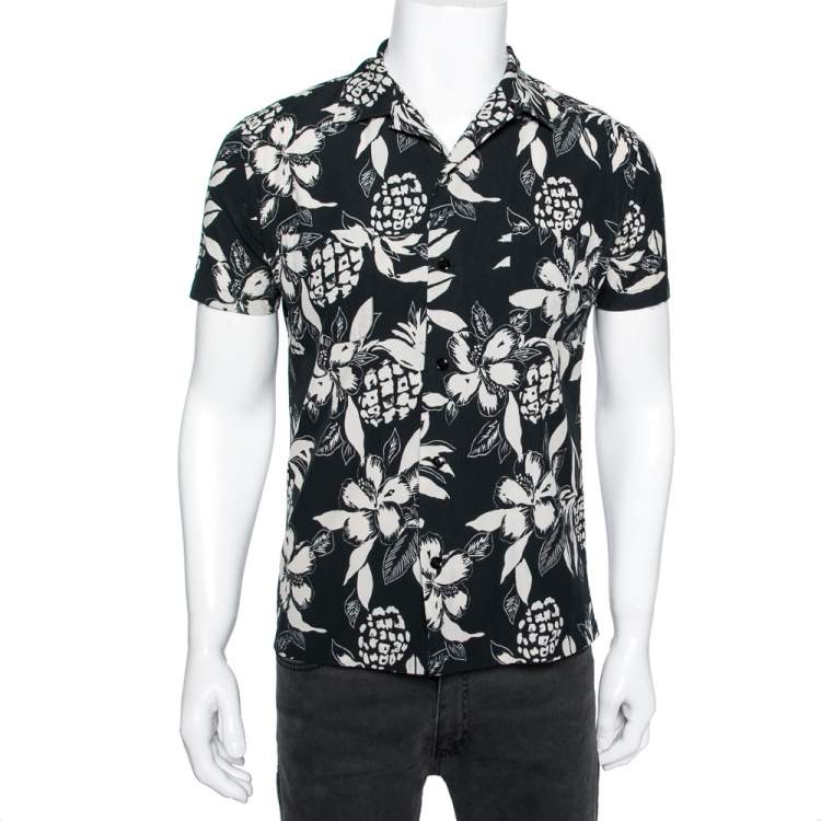 Pre Owned Saint Laurent Black and White Printed Cotton Short Sleeve Shirt S