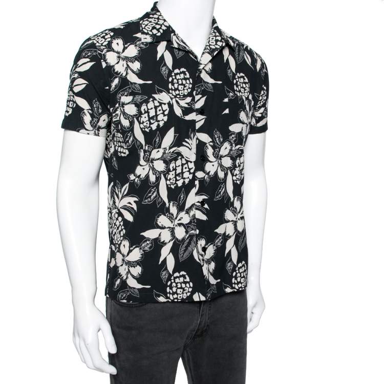 Pre Owned Saint Laurent Black and White Printed Cotton Short Sleeve Shirt S
