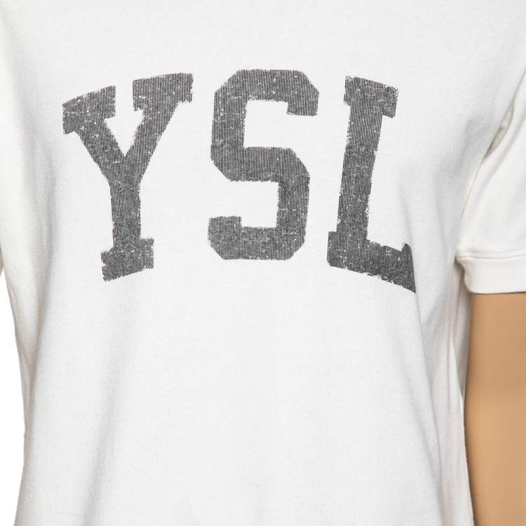 Pre Owned Saint Laurent Cream Cotton YSL Printed Crew Neck Short Sleeve T-Shirt S