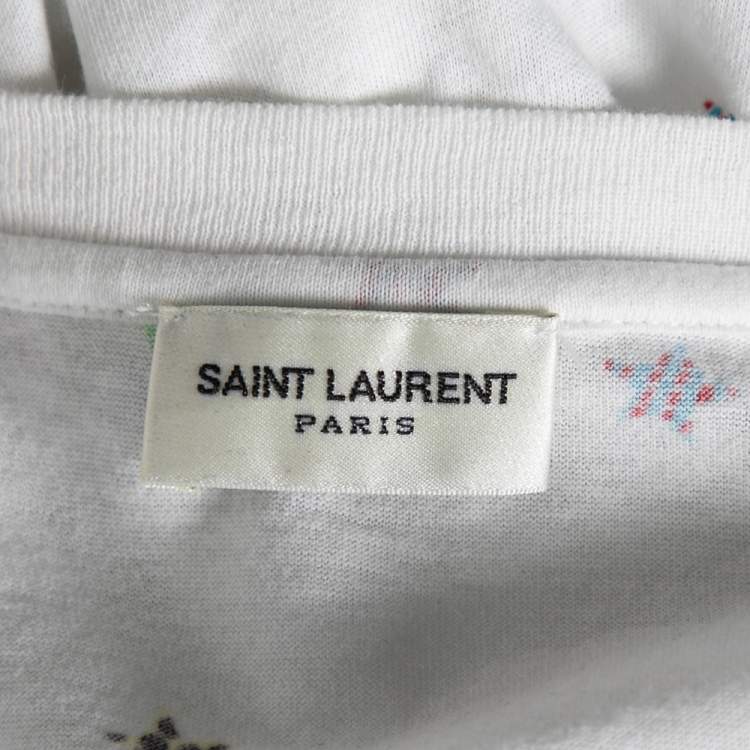 Pre Owned Saint Laurent White Cotton Star Printed Crew Neck Short Sleeve T-Shirt XS