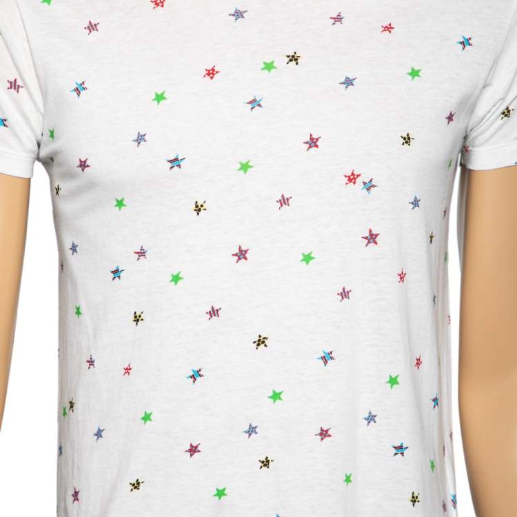Pre Owned Saint Laurent White Cotton Star Printed Crew Neck Short Sleeve T-Shirt XS