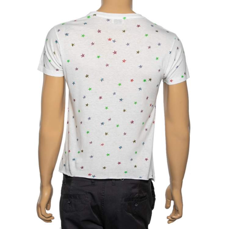 Pre Owned Saint Laurent White Cotton Star Printed Crew Neck Short Sleeve T-Shirt XS