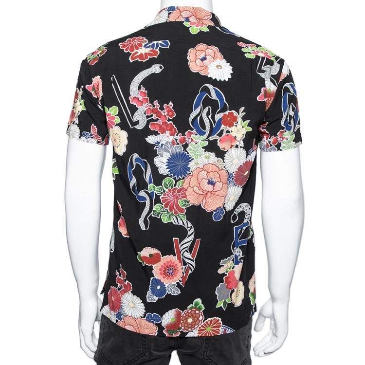 Pre Owned Saint Laurent Black Floral Printed Cotton Short Sleeve Love Bowling Shirt S