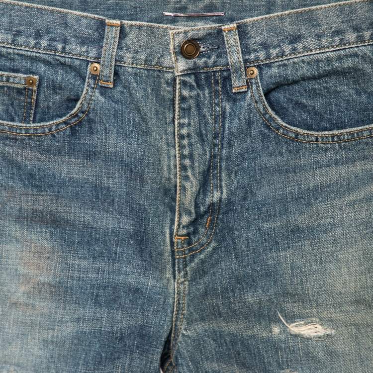 Pre Owned Saint Laurent Blue Distressed Denim Capri Shorts S