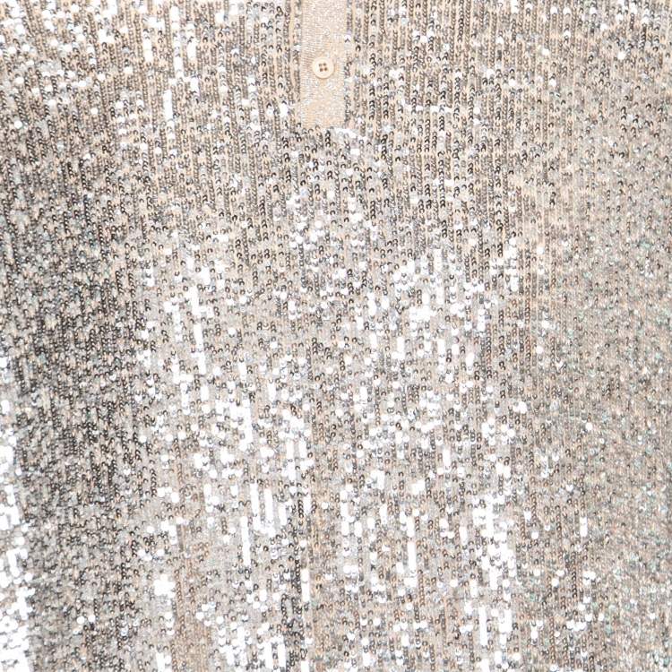 Pre Owned Saint Laurent Silver Sequin Embellished Lurex Knit Polo T-Shirt XXL