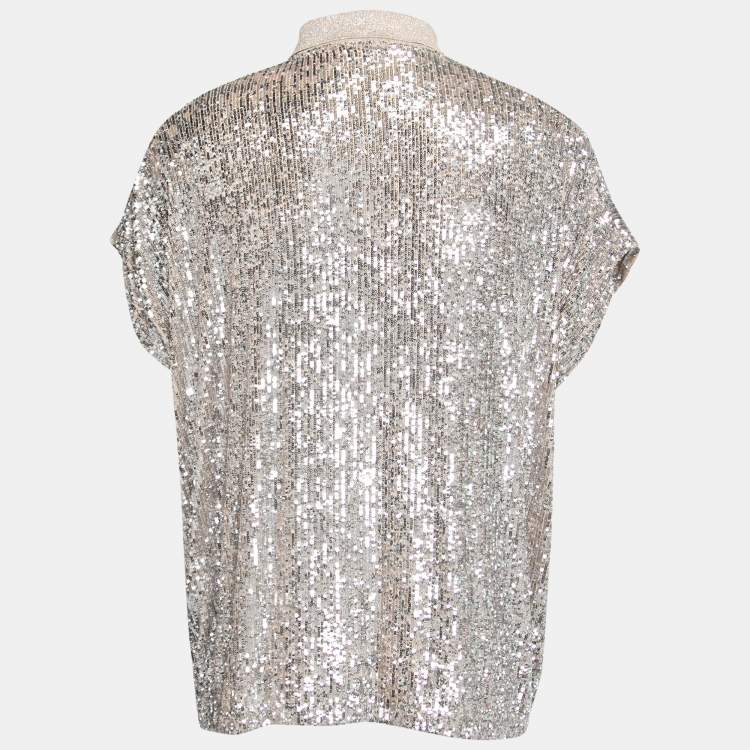 Pre Owned Saint Laurent Silver Sequin Embellished Lurex Knit Polo T-Shirt XXL