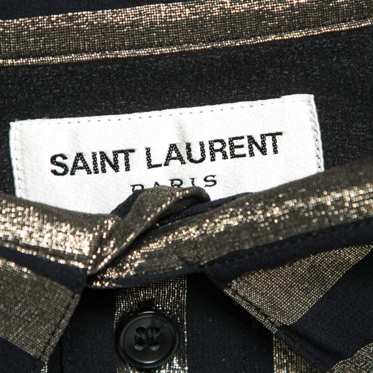 Pre Owned Saint Laurent Black Lurex Striped Silk Short Sleeve Sheer Shirt XXL