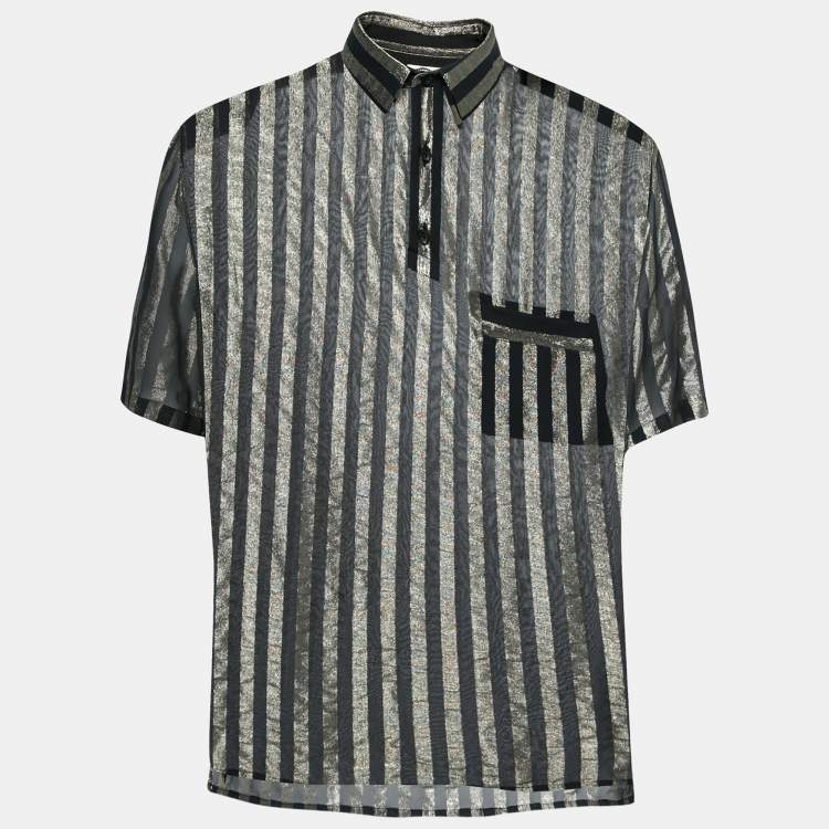 Pre Owned Saint Laurent Black Lurex Striped Silk Short Sleeve Sheer Shirt XXL