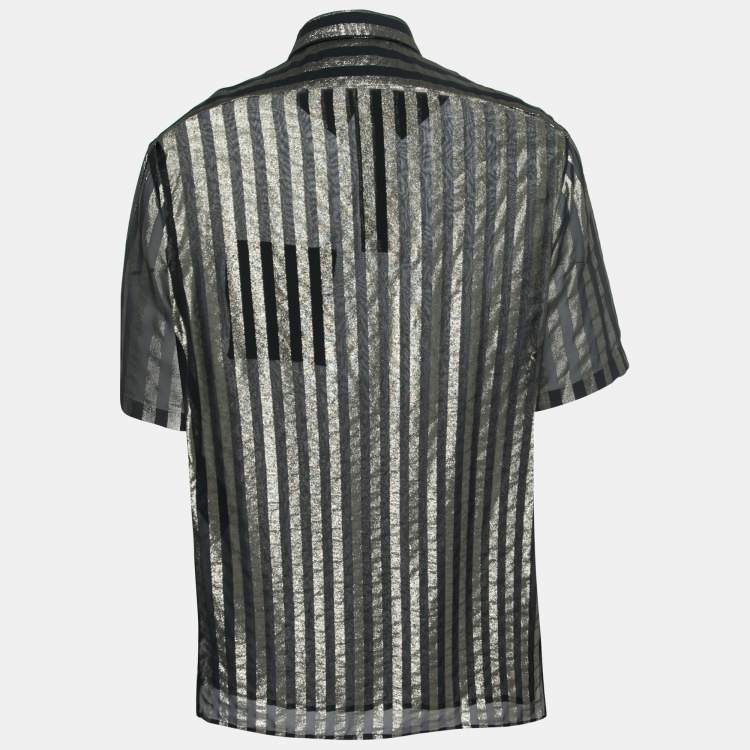 Pre Owned Saint Laurent Black Lurex Striped Silk Short Sleeve Sheer Shirt XXL